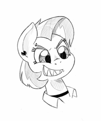 Size: 1104x1319 | Tagged: safe, artist:trickydick, imported from derpibooru, babs seed, earth pony, pony, ear piercing, earring, female, grin, jewelry, piercing, sharp teeth, smiling, solo, teeth