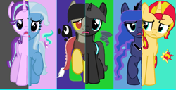 Size: 1415x725 | Tagged: safe, artist:diana173076, imported from derpibooru, discord, princess luna, queen chrysalis, starlight glimmer, sunset shimmer, thorax, trixie, pony, unicorn, alternate mane six, ponified, what my cutie mark is telling me