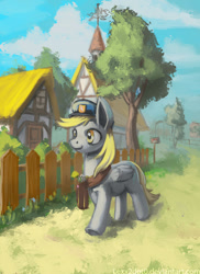 Size: 726x1000 | Tagged: safe, artist:lexx2dot0, imported from derpibooru, derpy hooves, pegasus, pony, female, fence, house, mailbox, mailmare, mare, ponyville, scenery, smiling, solo, tree, weather vane