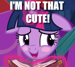 Size: 480x430 | Tagged: safe, imported from derpibooru, twilight sparkle, alicorn, pony, a hearth's warming tail, bashful, blatant lies, blush sticker, blushing, book, cute, denial, female, floppy ears, i'm not cute, image macro, looking away, meme, solo, twiabetes, twilight sparkle (alicorn)