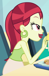 Size: 482x738 | Tagged: safe, imported from derpibooru, screencap, blueberry cake, rose heart, equestria girls, equestria girls (movie), cropped, ear piercing, earring, female, food, hot dog, jewelry, meat, piercing, sausage, solo