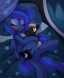 Size: 1318x1618 | Tagged: safe, artist:pearlyiridescence, imported from derpibooru, princess luna, oc, oc:dusky, alicorn, pegasus, pony, bed, bedroom, blushing, canon x oc, cuddling, cute, eyes closed, female, implied canon x oc, implied shipping, lying down, on side, open mouth, plushie, side, sleeping, snuggling