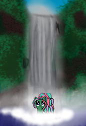 Size: 706x1029 | Tagged: safe, artist:silversthreads, imported from derpibooru, oc, oc only, oc:seajade, aquapony, original species, nature, pond, scenery, solo, waterfall