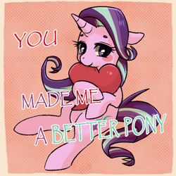 Size: 800x800 | Tagged: safe, artist:phyllismi, imported from derpibooru, starlight glimmer, pony, unicorn, blushing, cute, eyebrows, female, floppy ears, heart, hug, looking at you, mare, smiling, solo, text, valentine's day card