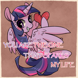 Size: 800x800 | Tagged: safe, artist:phyllismi, imported from derpibooru, twilight sparkle, alicorn, pony, blushing, female, grin, heart, hoof hold, looking at you, looking over shoulder, papyrus (font), smiling, solo, spread wings, text, twilight sparkle (alicorn), valentine's day card