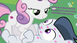 Size: 959x539 | Tagged: safe, artist:lunaticdawn, imported from derpibooru, rumble, sweetie belle, pony, unicorn, bedroom eyes, colt, cutie mark, female, filly, kiss mark, lipstick, male, on back, open mouth, rumbelle, shipping, straight, the cmc's cutie marks