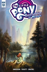 Size: 1054x1600 | Tagged: safe, artist:jennifer l. meyer, idw, imported from derpibooru, granny smith, pony, spoiler:comic, spoiler:comic54, cover, covered wagon, female, forest, river, scenery, solo, waterfall, young granny smith