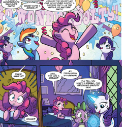 Size: 840x876 | Tagged: safe, artist:tonyfleecs, idw, imported from derpibooru, pinkie pie, rainbow dash, rarity, spike, twilight sparkle, alicorn, dragon, earth pony, pony, unicorn, from the shadows, spoiler:comic, spoiler:comic51, bed, comic, cropped, dream, female, magic, magic aura, male, mare, official comic, speech bubble, telekinesis, twilight sparkle (alicorn), waking up