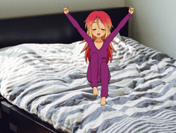 Size: 2000x1500 | Tagged: safe, artist:php45, imported from derpibooru, sunset shimmer, equestria girls, barefoot, bed, clothes, feet, female, kisekae, pajamas, solo, stretching, waking up