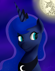 Size: 2200x2839 | Tagged: safe, artist:recordmelodie, imported from derpibooru, princess luna, alicorn, pony, bust, female, mare, mare in the moon, moon, solo