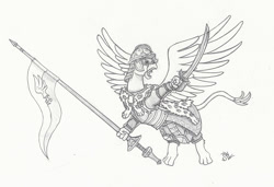 Size: 1200x822 | Tagged: safe, artist:sensko, imported from derpibooru, oc, oc only, griffon, armor, black and white, flying, grayscale, hussar, monochrome, pencil drawing, saber, simple background, sketch, solo, sword, traditional art, weapon, white background