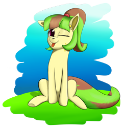 Size: 2113x2173 | Tagged: safe, artist:stevejunier, imported from derpibooru, oc, oc only, earth pony, pony, one eye closed, sitting, solo, tongue out, wink