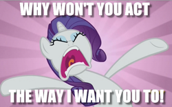 Size: 680x422 | Tagged: safe, edit, edited screencap, imported from derpibooru, screencap, rarity, pony, unicorn, the gift of the maud pie, caption, eyes closed, faic, female, frustrated, image macro, mare, mawshot, meme, mouthpiece, narcissism, obligatory pony, open mouth, raised hoof, solo, teeth, tongue out, uvula