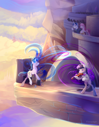 Size: 1650x2100 | Tagged: safe, artist:viwrastupr, imported from derpibooru, dj pon-3, fancypants, fleur-de-lis, octavia melody, vinyl scratch, pony, bow (instrument), cello, cello bow, magic, musical instrument, playing, scenery, stage