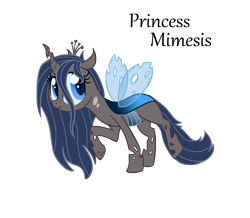 Size: 1544x1349 | Tagged: safe, artist:torusthescribe, imported from derpibooru, oc, oc only, oc:mimesis, changeling, changeling queen, changepony, hybrid, blue changeling, changeling queen oc, eyelashes, female, interspecies offspring, offspring, parent:queen chrysalis, parent:shining armor, parents:shining chrysalis, raised hoof, simple background, solo, story included, transparent background