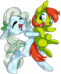 Size: 4068x4942 | Tagged: safe, artist:cutepencilcase, imported from derpibooru, oc, oc only, oc:azur lachrimae, oc:greeny awkward, crystal pony, earth pony, pony, absurd resolution, bipedal, chest fluff, cute, ear fluff, eyes closed, happy, holding a pony, hug, open mouth, simple background, transparent background