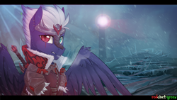 Size: 2300x1293 | Tagged: safe, artist:redchetgreen, imported from derpibooru, oc, oc only, oc:dark artemid, pegasus, pony, armor, clothes, male, rain, scar, scenery, solo, stallion, tundra, watchtower