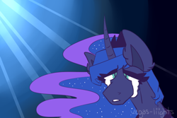 Size: 1080x720 | Tagged: safe, artist:vegas-liights, imported from derpibooru, princess luna, alicorn, pony, bust, crepuscular rays, crying, curved horn, female, portrait, sad, solo