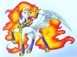 Size: 1024x763 | Tagged: safe, artist:oneiria-fylakas, imported from derpibooru, nightmare star, princess celestia, alicorn, pony, female, jewelry, raised hoof, regalia, solo, traditional art