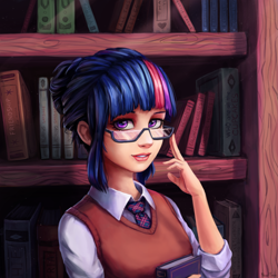 Size: 1500x1500 | Tagged: safe, artist:inowiseei, imported from derpibooru, twilight sparkle, human, beautiful, book, bookshelf, clothes, female, glasses, humanized, looking at you, necktie, smiling, solo, vest