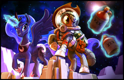 Size: 1600x1039 | Tagged: safe, artist:harwick, imported from derpibooru, applejack, princess luna, alicorn, earth pony, pony, alcohol, astronaut, magic, moon, moonshine, space, spacesuit