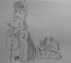 Size: 2069x1825 | Tagged: safe, artist:poorlydrawnpony, imported from derpibooru, octavia melody, twilight sparkle, alicorn, pony, alcohol, bedroom eyes, cello, couch, female, lesbian, magic, monochrome, musical instrument, shipping, telekinesis, traditional art, twilight sparkle (alicorn), twitavia, wine