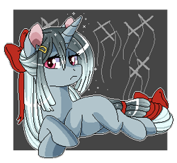 Size: 292x270 | Tagged: safe, artist:xwhitedreamsx, imported from derpibooru, oc, oc only, oc:marionette strings, pony, unicorn, bow, commission, crossed hooves, female, hair bow, hairpin, mare, pixel art, prone, solo