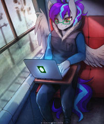 Size: 1010x1200 | Tagged: safe, artist:foxinshadow, imported from derpibooru, oc, oc only, oc:megabyte, anthro, pegasus, anthro oc, clothes, commission, computer, female, glasses, laptop computer, mare, sitting, smiling, solo, sweater, train, vest