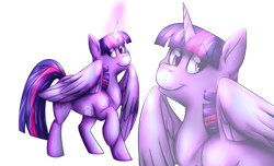 Size: 2226x1351 | Tagged: safe, artist:poke-chan145, imported from derpibooru, twilight sparkle, alicorn, pony, female, glowing horn, raised hoof, simple background, smiling, solo, transparent background, twilight sparkle (alicorn)