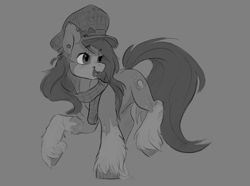 Size: 1280x951 | Tagged: safe, artist:lulemt, imported from derpibooru, oc, oc only, oc:mad munchkin, earth pony, pony, clothes, commission, ear piercing, earring, grayscale, hat, jewelry, monochrome, piercing, scarf, solo, unshorn fetlocks