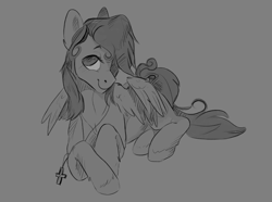 Size: 1279x951 | Tagged: safe, artist:lulemt, imported from derpibooru, oc, oc only, pegasus, pony, commission, grayscale, jewelry, looking at you, lying down, monochrome, necklace, solo, unshorn fetlocks