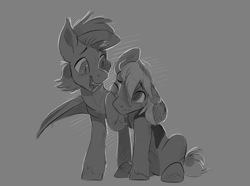 Size: 1280x951 | Tagged: safe, artist:lulemt, imported from derpibooru, oc, oc only, bat pony, earth pony, pony, commission, crying, grayscale, monochrome, unshorn fetlocks