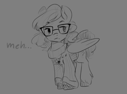 Size: 1280x951 | Tagged: safe, artist:lulemt, imported from derpibooru, oc, oc only, pegasus, pony, clothes, commission, glasses, grayscale, meh, monochrome, solo, sweater, unshorn fetlocks