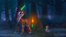 Size: 3000x1688 | Tagged: safe, artist:rublegun, imported from derpibooru, oc, oc only, chicken, pony, armor, commission, duo, forest, glowing horn, grass, looking back, magic, male, medic, night, scenery, signature, stallion, torch, tree