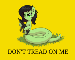 Size: 1280x1024 | Tagged: safe, artist:compound lift, imported from derpibooru, oc, oc only, oc:filly anon, lamia, original species, snake, snake pony, angry, ar-15, ar15, don't tread on me, female, filly, frown, gadsden flag, glare, grass, gun, hoof hold, libertarianism, looking at you, m4, simple background, snek, solo, species swap, underhoof, weapon, yellow background