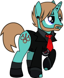 Size: 992x1199 | Tagged: safe, artist:lightningbolt, derpibooru exclusive, imported from derpibooru, pony, unicorn, .svg available, annoyed, armband, bob bryar, clothes, ear piercing, facial hair, fingerless gloves, gloves, horn piercing, lip piercing, male, my chemical romance, necktie, piercing, ponified, raised hoof, shirt, shoes, show accurate, simple background, socks, solo, stallion, suit, svg, three cheers for sweet revenge, transparent background, undershirt, vector