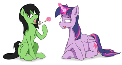 Size: 1190x634 | Tagged: artist needed, safe, imported from derpibooru, twilight sparkle, oc, oc:filly anon, alicorn, earth pony, pony, duo, female, filly, magic, mare, open mouth, prone, telekinesis, toothbrush, toothpaste, twilight sparkle (alicorn)