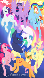 Size: 1350x2400 | Tagged: safe, artist:catpensive, imported from derpibooru, applejack, fluttershy, pinkie pie, princess celestia, princess luna, rainbow dash, rarity, twilight sparkle, alicorn, pony, ear fluff, mane six, royal sisters, twilight sparkle (alicorn), unshorn fetlocks, yin-yang