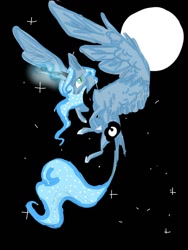 Size: 900x1200 | Tagged: safe, artist:calistayeoh123, imported from derpibooru, princess luna, classical unicorn, pony, unicorn, ear fluff, female, flying, leonine tail, moon, solo, stars