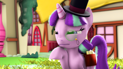 Size: 1920x1080 | Tagged: safe, artist:furima, imported from derpibooru, starlight glimmer, 3d, hat, monocle, solo, wallet inspector