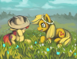 Size: 1200x918 | Tagged: safe, artist:lexx2dot0, imported from derpibooru, apple bloom, applejack, earth pony, pony, accessory swap, applejack's hat, cowboy hat, cute, duo, female, filly, floral head wreath, flower, foal, grass, grass field, hat, jackabetes, mare, prone, raised hoof, scenery, sisters, smiling, stetson, the cmc's cutie marks