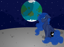 Size: 1056x768 | Tagged: safe, artist:ahaintthatbad, imported from derpibooru, princess luna, alicorn, pony, banishment, eyes closed, female, floppy ears, moon, planet, regret, sad, sitting, solo, space