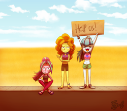 Size: 1024x900 | Tagged: safe, artist:fj-c, imported from derpibooru, adagio dazzle, aria blaze, sonata dusk, equestria girls, rainbow rocks, ><, belly button, clothes, converse, cute, desert, eyes closed, feet, happy, hitchhiking, looking at you, midriff, road, sandals, shoes, shorts, sign, sneakers, sonatabetes, sports bra, sports shorts, stranded, the dazzlings, unamused, x3, xd