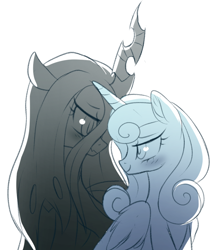 Size: 754x874 | Tagged: safe, artist:verawitch, deleted from derpibooru, imported from derpibooru, princess flurry heart, queen chrysalis, alicorn, changeling, pony, blushing, female, flurryalis, lesbian, limited palette, looking at each other, monochrome, older, simple background, smiling, tumblr, white background