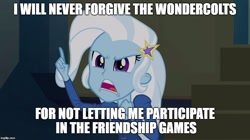 Size: 896x500 | Tagged: safe, edit, edited screencap, imported from derpibooru, screencap, trixie, equestria girls, cropped, female, image macro, meme, solo, trixie yells at everything