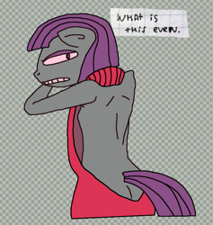 Size: 535x564 | Tagged: safe, artist:grinwild, imported from derpibooru, maud pie, anthro, backless, clothes, dialogue, female, looking back, open-back sweater, simple background, sleeveless sweater, solo, sweater, virgin killer sweater