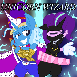 Size: 1500x1500 | Tagged: safe, artist:dragonpone, derpibooru exclusive, imported from derpibooru, starlight glimmer, trixie, pony, unicorn, alternate hairstyle, bipedal, cape, clothes, costume, crossover, danny sexbang, duo, ear fluff, electricity, embarrassed, eyes closed, floppy ears, frog (hoof), gloves, grin, hat, hoof hold, lidded eyes, mouth hold, ninja, ninja brian, ninja sex party, princess handjob, scepter, smiling, smug, spandex, star of david, sweat, title, tutu, twilight scepter, underhoof, unicorn wizard, wand, wizard, wizard hat