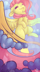 Size: 4320x7680 | Tagged: safe, artist:cutepencilcase, imported from derpibooru, fluttershy, pony, absurd resolution, chest fluff, cloud, crepuscular rays, cute, eyes closed, female, flying, large wings, shyabetes, smiling, solo, spread wings, sunlight, wings