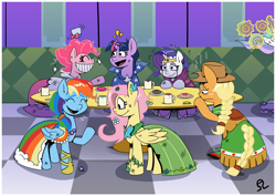 Size: 1600x1131 | Tagged: safe, artist:alvh-omega, imported from derpibooru, applejack, fluttershy, pinkie pie, princess celestia, rainbow dash, rarity, spike, twilight sparkle, alicorn, dragon, earth pony, pegasus, pony, unicorn, the best night ever, at the gala, clothes, donut, dress, food, gala dress, mane six