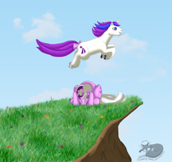 Size: 800x755 | Tagged: safe, artist:sound-of-heaven, imported from derpibooru, glory, twilight, rescue at midnight castle, cliff, cloud, g1, grass, roller skates, sky